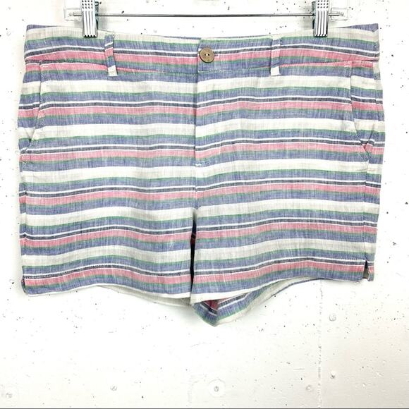 St. Tropez West Linen Stripe Shorts Blue Pink White Flat Front Pockets Size 10 - Picture 1 of 8